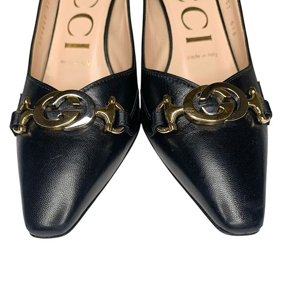 Gucci Zumi Black Leather Heels 37 EU 7 US Interlocking G Horsebit Made in Italy - Picture 5 of 13